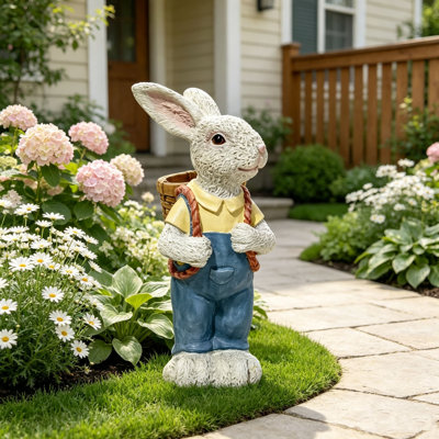 17" Couple Rabbit Garden Statue with Flower Pot Holder, Hand-Painted Resin Bunny Sculpture Outdoor Decor