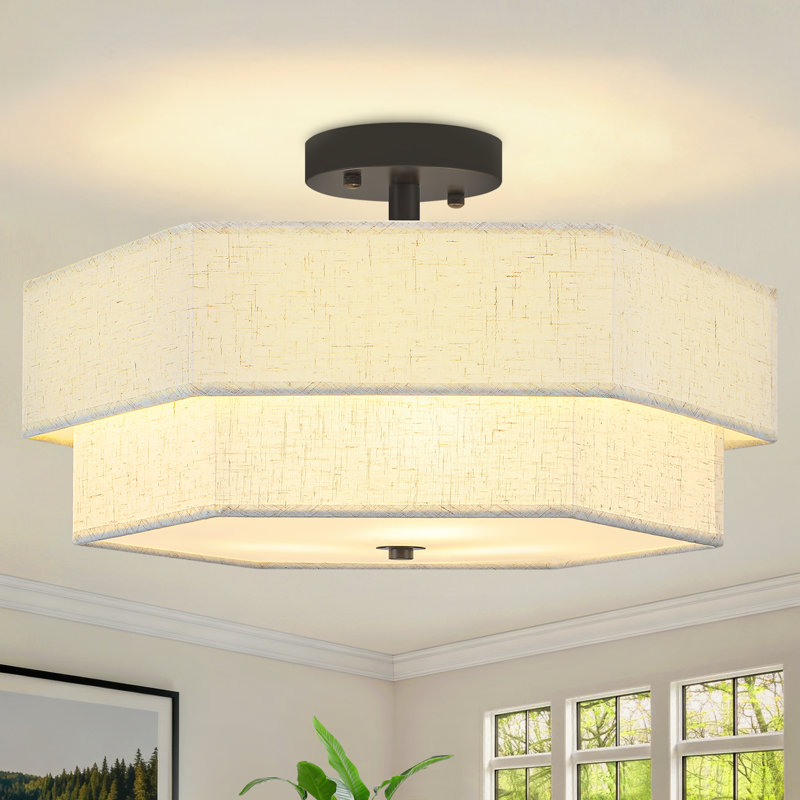 Muho 3 - Light Modern Metal And Fabric Drum Semi Flush Mount Ceiling Light Fixture For Dinning Room Living Room Bedroom Hallway Entryway Kitchen