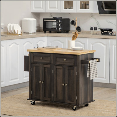 Chariot moderne pour îlot de cuisine avec étagère à épices, chêne brun