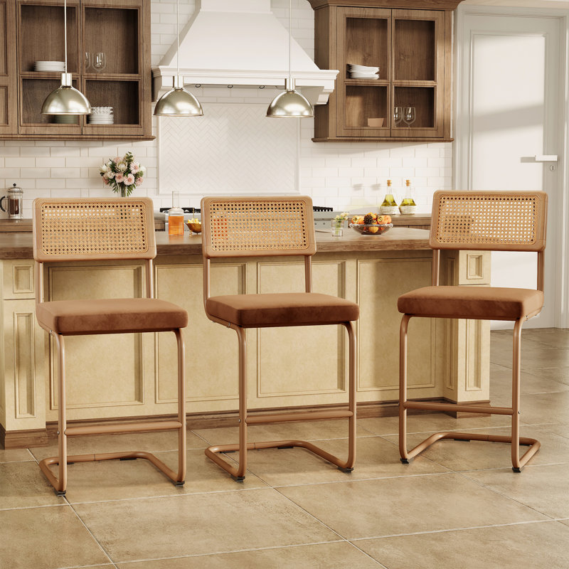 3 pièces Tabouret de bar H 26,1 po - Revêtement en velours - Structure en fer avec dossier en rotin - Tabouret pour îlot de cuisine à hauteur de comptoir - Brun
