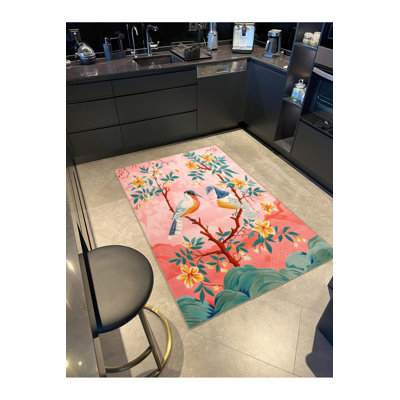 Paris Collection Pink Themed Tree and Bird Pattern Creative Modern Decorative Machine Washable Rug
