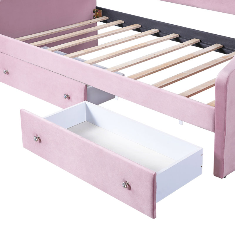 Lit de jour rembourré rose avec éclairage DEL et 2 tiroirs - Doux et pratique, Lit simple, Rose