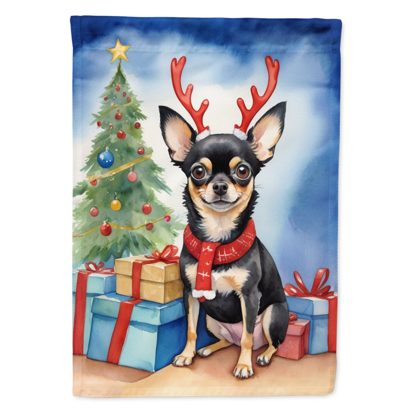 Drapeau de Noël maison de renne, Chihuahua noir et brun clair