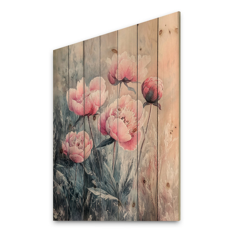 Frosty champ pivoines élégance I - art mural en bois pivoines - sur bois de pin naturel, H 20 po x l 10 po x P 0,78 po