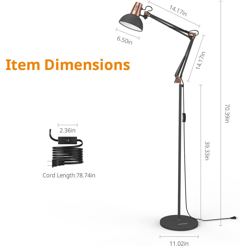  Floor Lamp, Metal Adjustable Reading Swing Arm Standing Lamp With Heavy Metal Base, Eye-caring Reading/pole Lamp With On/off Switch For Living Room, Bedroom, Office Sand Black