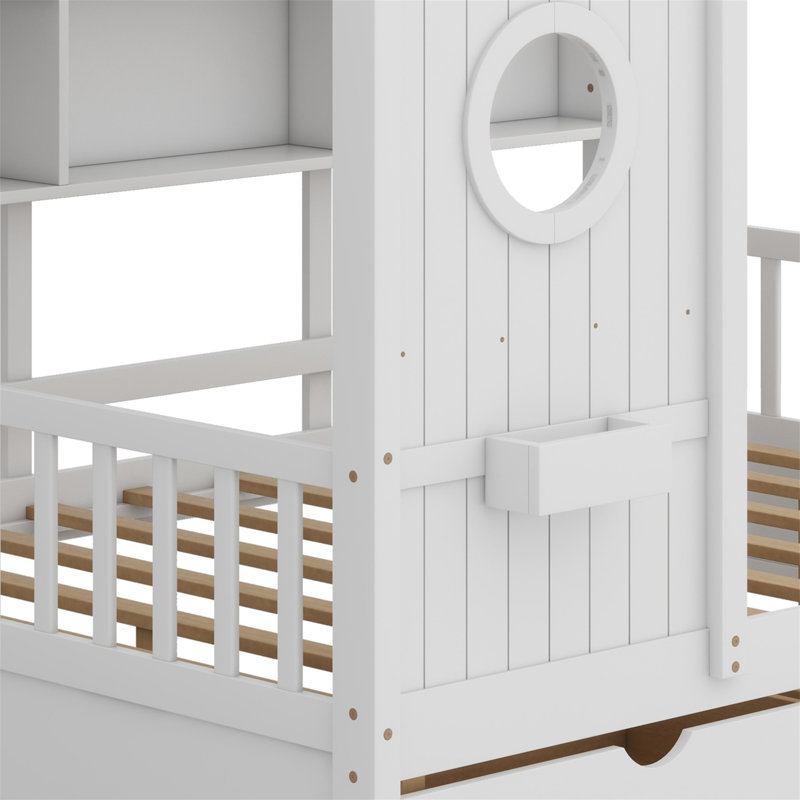 Lit en bois avec tiroirs et tablette de rangement, Blanc, Double