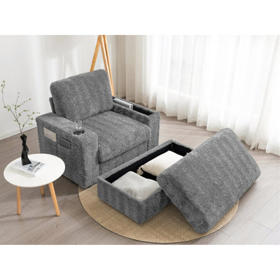 42" Oversized Chaise Lounge Indoor,Faux Rabbit Fur Sofa Bed With Storage Ottoman And Armrests,Cup Holders,Upholstered Sleeper Chair,Reading Couch With Deep Seat For Living Room,Bedroom