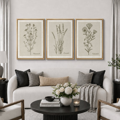 Minimal Botanical "Green Wildflower Modern Artwork, Simple Minimalist Floral Wall Pictures, Framed Canvas Giclée Print 3 Pieces Wall Art" 16"x24"x3 pcs, 24"x36"x3 pcs