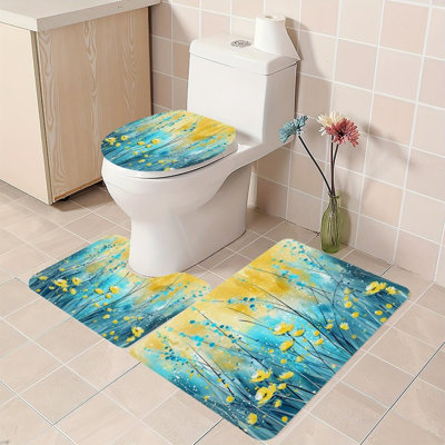 Blue Yellow Wildflower 3 Pcs Shower Rug Set for Artistic Coastal Bath Decor