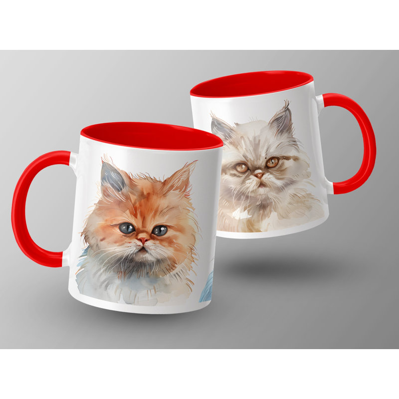 Cat Design 11oz Accent Mug – White Ceramic Coffee Cup with Colored Handle and Interior, Red, 2