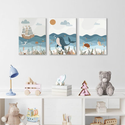 Encadré bleu océan nautique pépinière toile Art mural tortue de mer baleine peinture ensemble de 3 impressions d'enfants affiche murale décoration pour chambre d'enfant chambre à coucher salle de bain 12 "x 16"
