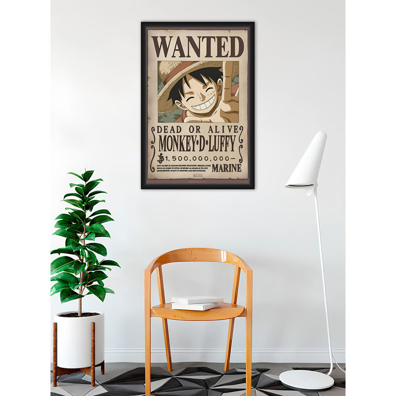  Une pièce sous licence officielle - Wanted Monkey D.Luffy - affiche d'art encadrée - 24 x 36 po - cadre en bois d'ingénierie robuste avec verre plexi - prêt à être accroché