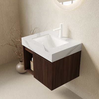 Meuble-lavabo de salle de bain 24 po EIDEN, armoire de rangement flottante, comptoir en pierre frittée blanc Carrara et cuve en céramique avec 1 trou de robinet pré-percé, ensemble de robinet et de bonde démontés, couleur grain de bois noyer