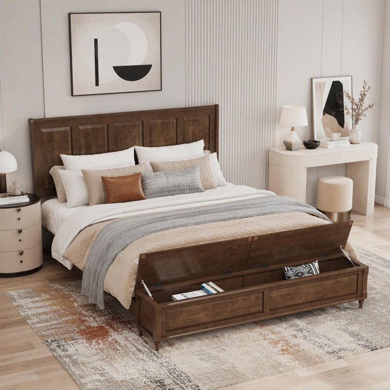 Solid Wood High Headboard Sleigh Bed with 64" Storage Space, King, Walnut Brown
