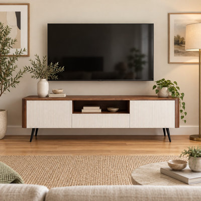 Meuble télé cannelé bicolore de 70,8 pouces avec rangement intégré et gestion des câbles