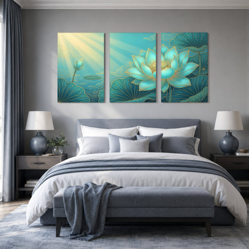 Toile de lotus bleu sarcelle avec contours dorés et rayons de soleil, ensemble de 3 toiles, 24"H x 16"W x 3pcs