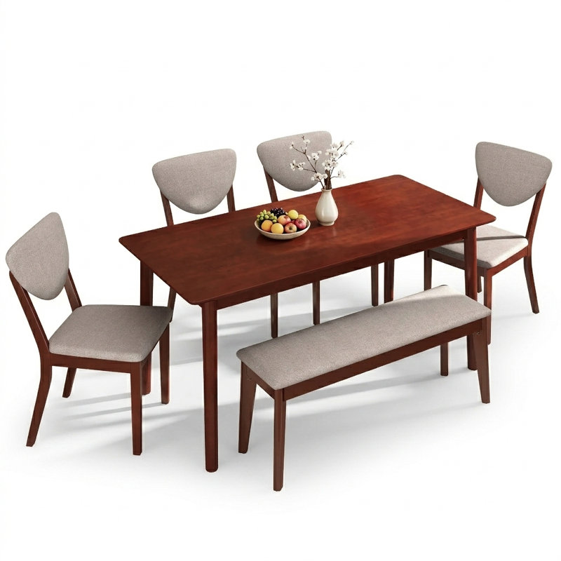 6-Piece Farmhouse Dining Table Set With 4 Upholstered Chairs And Bench, Solid Wood Kitchen Table Set For 6, Modern Wood Furniture For Dining Room, Living Room And Study