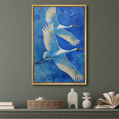 «Flying White Cranes on Blue», reproduction d'art sur toile - Décor animal rétro pour chambre à coucher ou bureau
