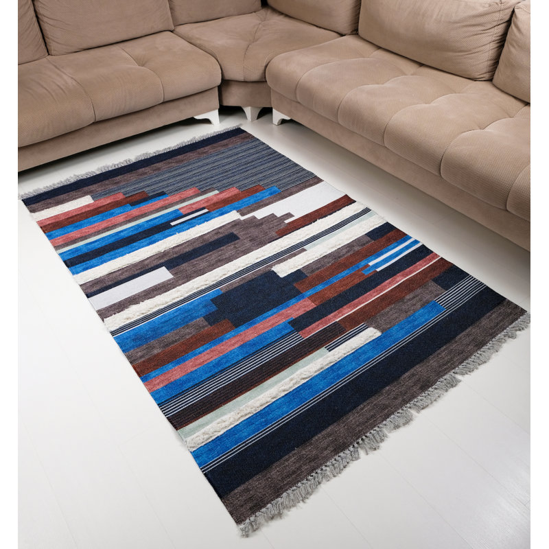 Tapis intérieur / extérieur bleu marine en coton tissé à la machine Iyleen, Rectangle 5 pi 1 po x 7 pi 7 po