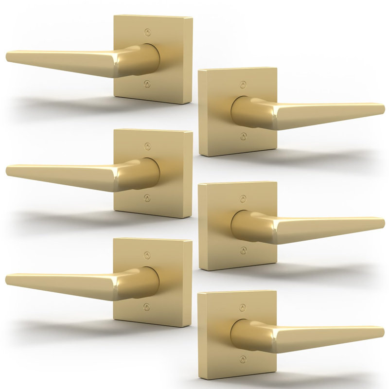 Mega Handles Schein Dummy Poignées de porte - Paquet de 6 poignées de porte robustes en or, poignée de porte anti-rotation pour couloir, garde-robe et portes françaises, un côté, convient à toutes les portes standard - laiton satiné