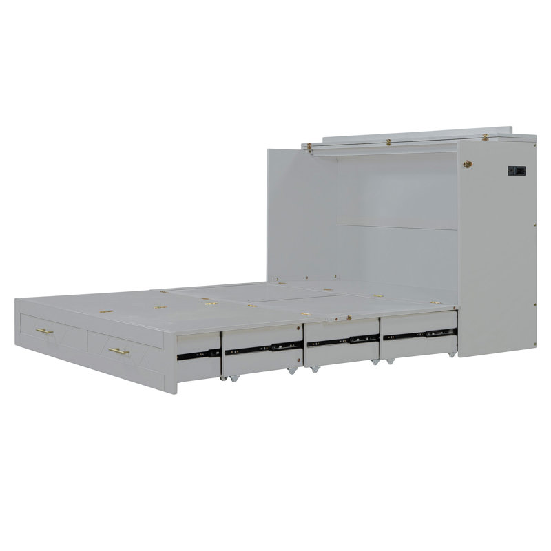 Agostinho Henline Murphy Bed with Drawer and USB Ports & AC Outlets, Wall Bed with Pulley Structure Design, Gray, Queen