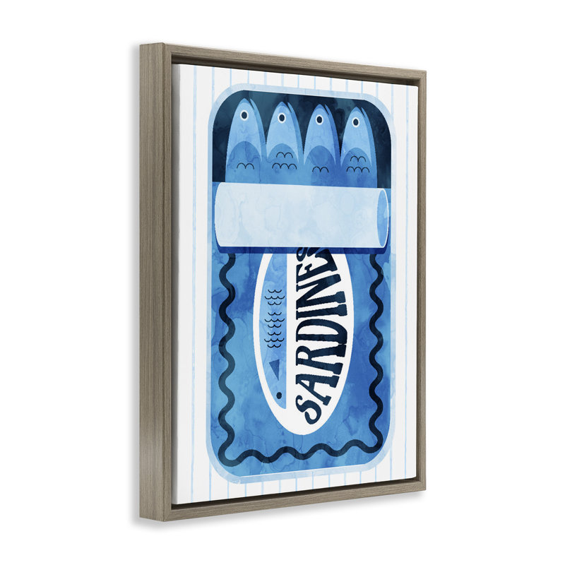 Cadre flottant bleu sardines en conserve, design par Lil 'Rue, H 21 po x l 17 po, Cadre flottant orme Montalcino