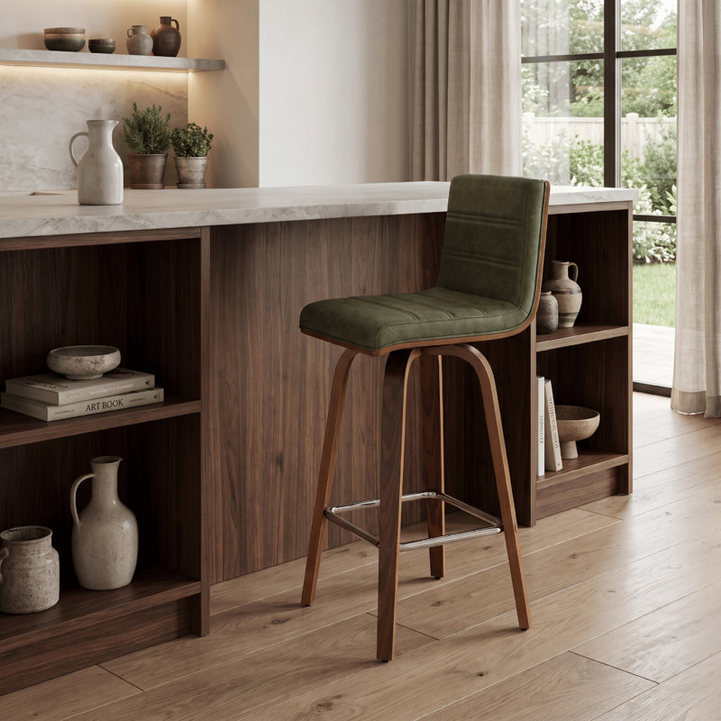 Tabouret de bar et de comptoir Biance, Noyer, Similicuir vert rétro, Tabouret de comptoir (siège d'une hauteur de 26 p