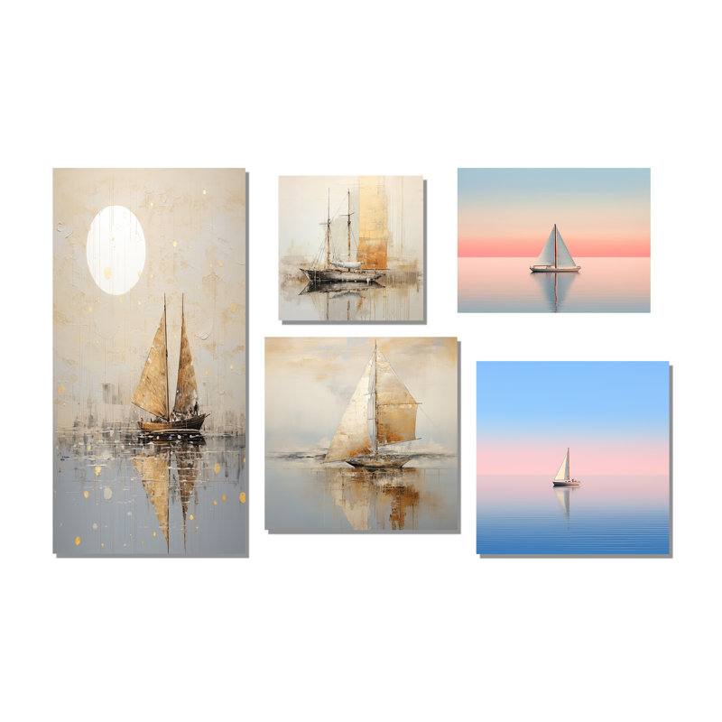Minimalisme, pêche en bateau doré et gris - ensemble de 5 impressions sur toile, Toile tendue