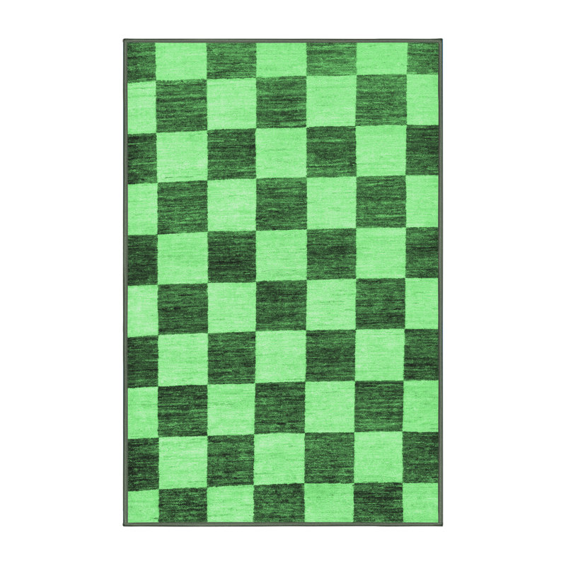 Tapis à carreaux en laine / polyester tissé à la machine en vert / vert foncé, Rectangle 3 pi x 5 pi