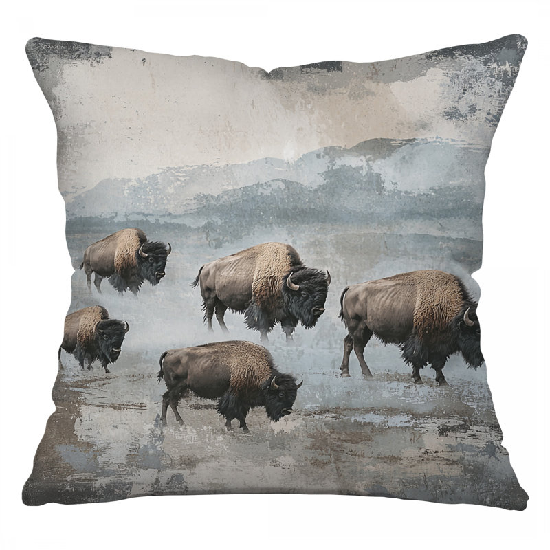 Coussin Bison, sergé de coton animal, Carré 20 po