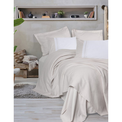 Ensemble luxueux double piqué, 100% coton, couleur pierre | Comprend 87 x 91 piqué, 94 x 102 drap plat, 20 x 28 taies d'oreiller (2), Oxford taies d'oreiller (2) | Conception à 208 fils, lavable à la machine, élégante et durable