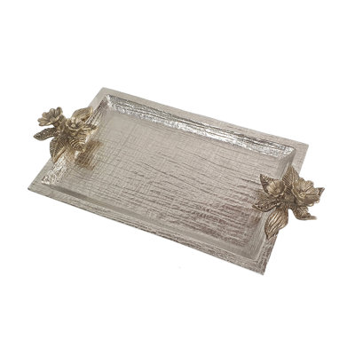 18.5X10X2.5" Textured Silver Aluminum Tray With Gold Floral Accents