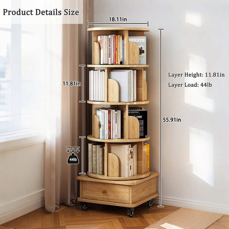 5-Tier Rotating Bookshelf Wood Color - 360° Display with Wheels & Drawer, Space-Saving Storage for Home Office, Tan