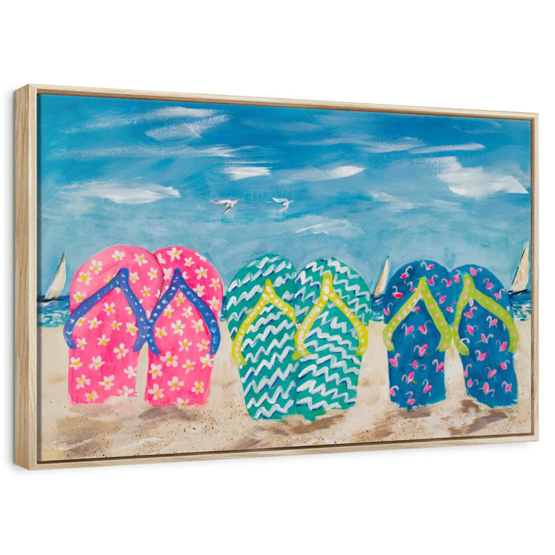 Flip Flops In The Sand, Floating Frame Natural Wood, 40" X 27"