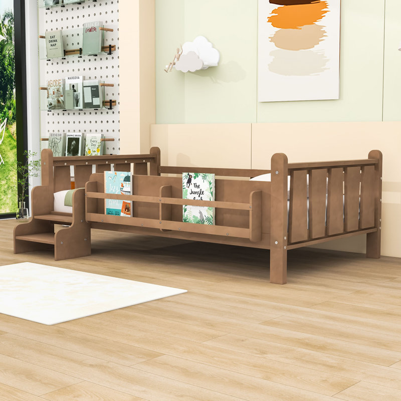 Lit en bois avec bibliothèques de rangement et garde-corps, Lit simple, Naturel