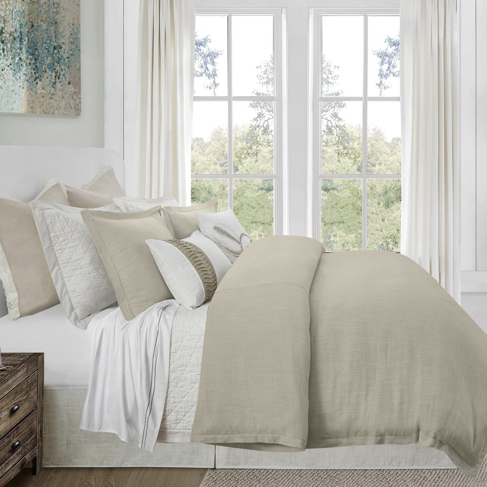 Hera Linen Comforter Set, Queen Comforter + 2 Shams, Light Tan