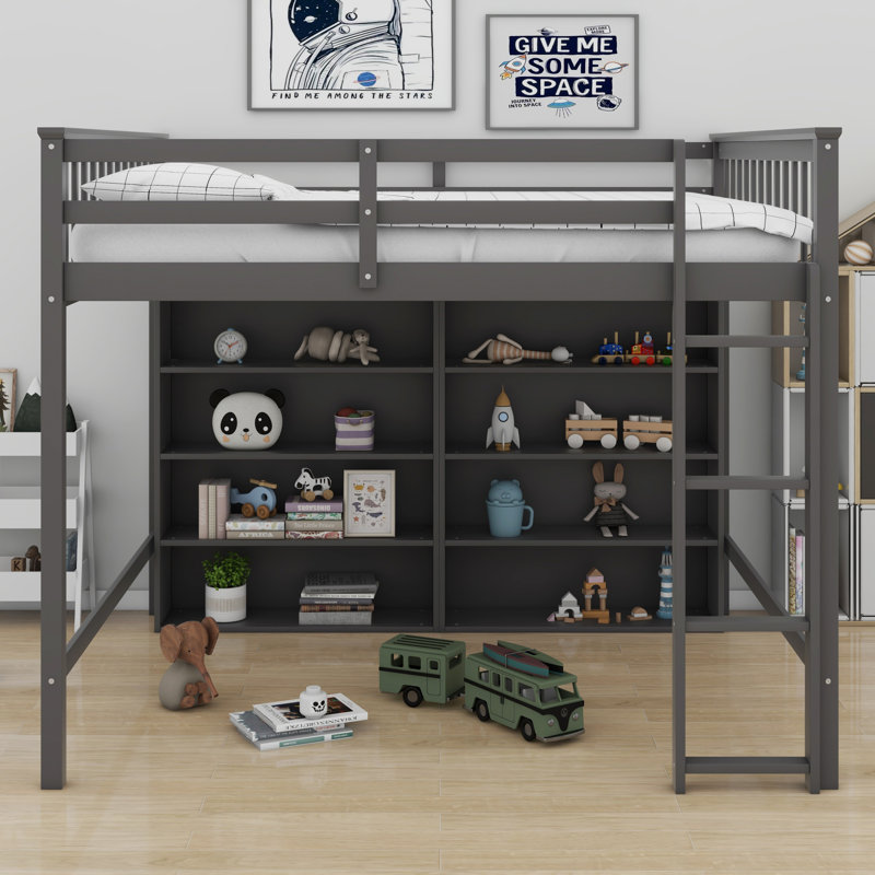 Lit mezzanine avec tablettes de rangement ouvertes, Gris antique