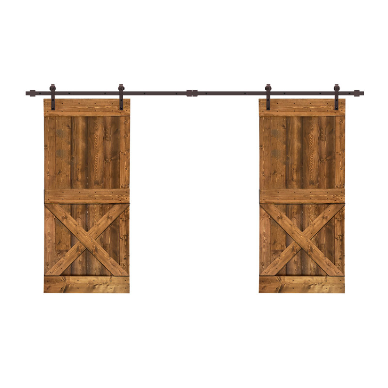 Porte de grange double à panneaux en bois et en métal avec trousse de quincaillerie d'installation Mini X Series, Noyer