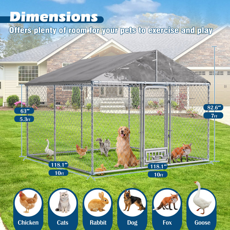 Grand chenil d'extérieur pour chien 9,8 pi x 9,8 pi avec toit, niche pour chien robuste, chaînette galvanisée, parc pour animaux avec couvercle imperméable résistant aux rayons UV et verrou sécuritaire