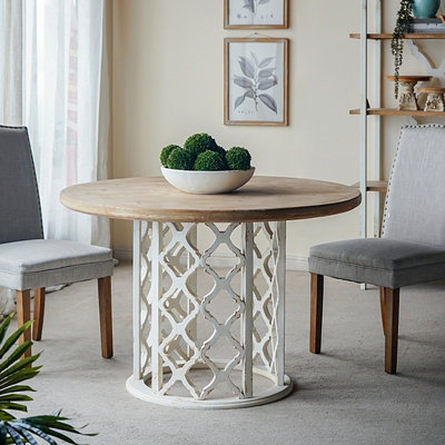 Table de salle à manger ronde en bois avec base découpée ornée, brun / blanc
