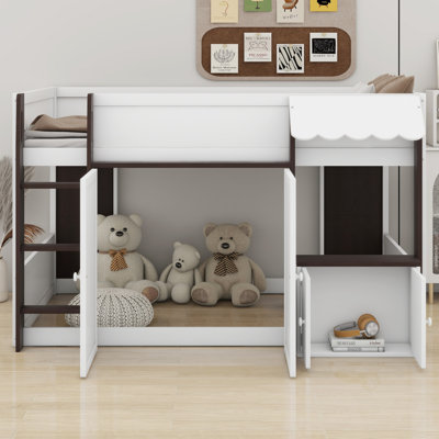 Playhouse Loft Bed with Storage, Modern Wood Cabin Style Bed for Kids Bedroom & Teens Room