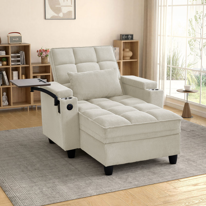 Méridienne convertible simple avec USB et Type-C, 2 porte-gobelets, table d'appoint, rangement sous le siège et accoudoirs de rangement