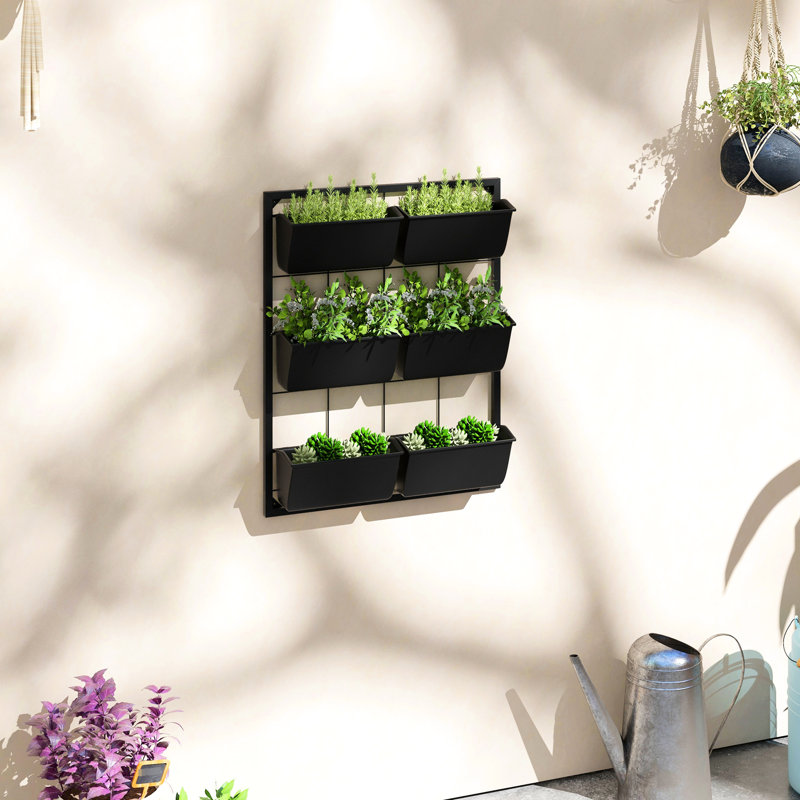 3 Wall Planter With 6 Flower Pots - Black Self-Draining For Indoor Outdoor Plants Veggies, Flowers, Herbs Space 6 Mounted