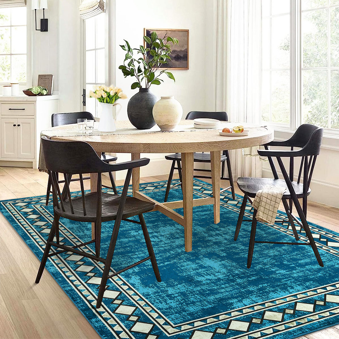 Izayuh Moroccan Machine Woven Power Loom Polyester Area Rug in Teal Union Rustic Rug 