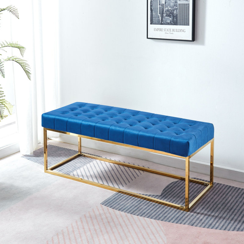 Greydi Tufted Velvet Bench with Gold Chrome Legs, Blue