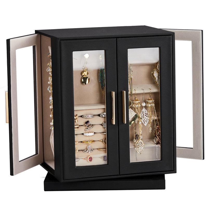 FCH Quad View With Storage 5 Drawers Rotatable Black Cabinet Pink Velvet Jewellery Case