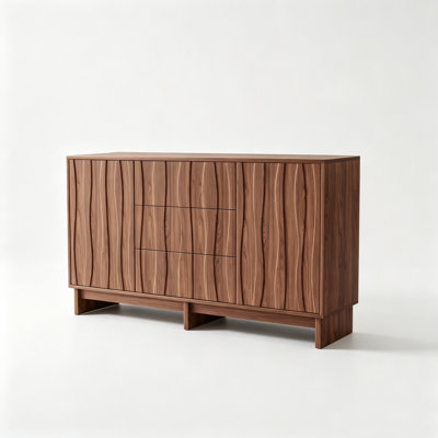 59.1" Walnut Stripe Grain Buffet Sideboard, 2 Doors 3 Drawers Soft-Close Storage Cabinet, Farmhouse Large Capacity Accent Furniture for Home