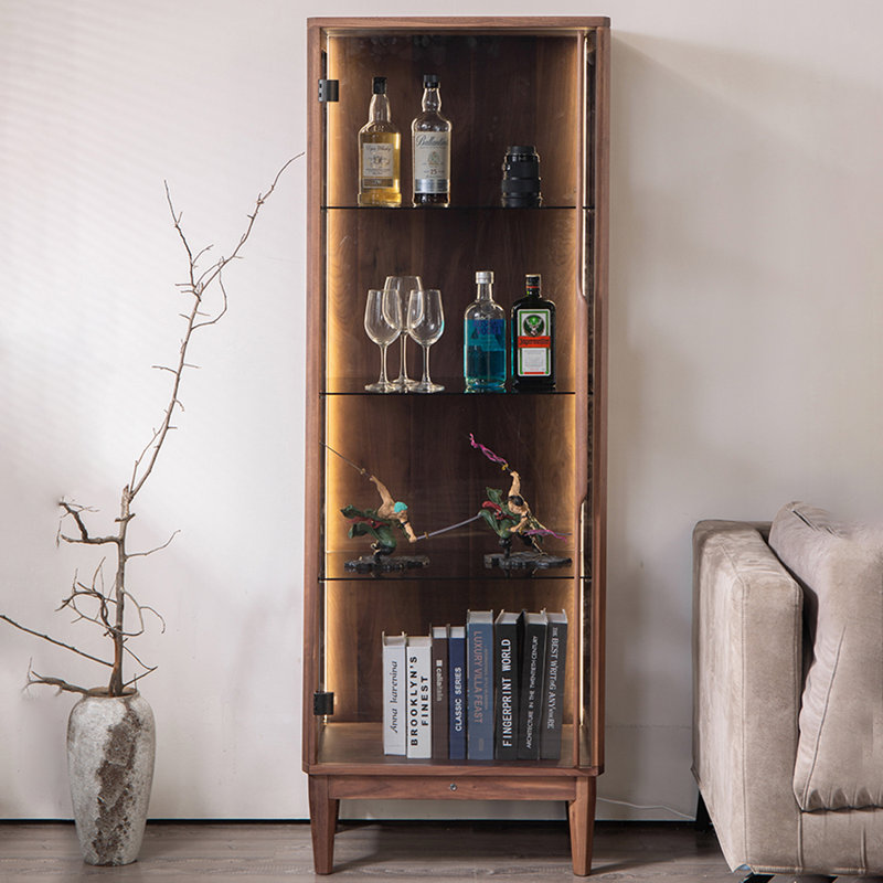 Noyer noir + bois massif gris + vitrines en verre trempé