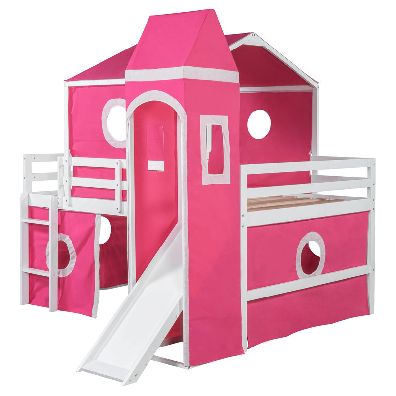 Lit mezzanine double avec tente et tour rose Slide