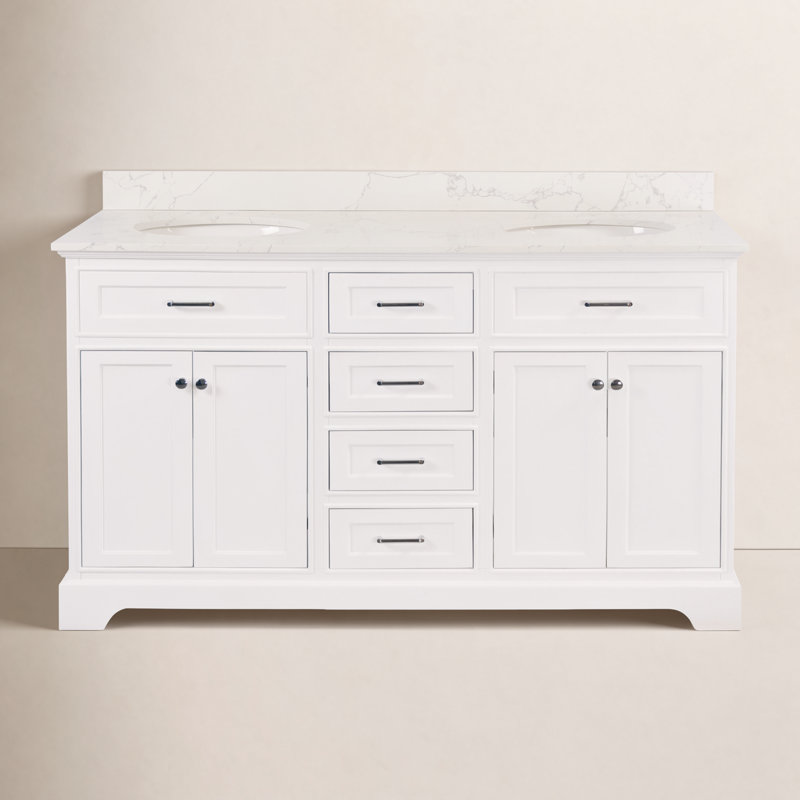 Ensemble de meuble-lavabo double 60 po Ronnie, Blanc, Marbre d'ingénierie